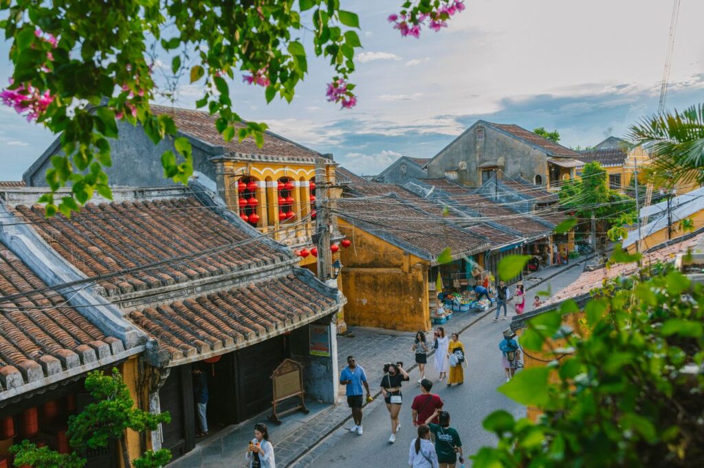 Charming aerial view of a historic town with vibrant streets and colonial architecture.